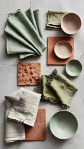 flat lay of mediterranean style outdoor textiles and color swatches. includes sage linen napkins, terracotta tiles.