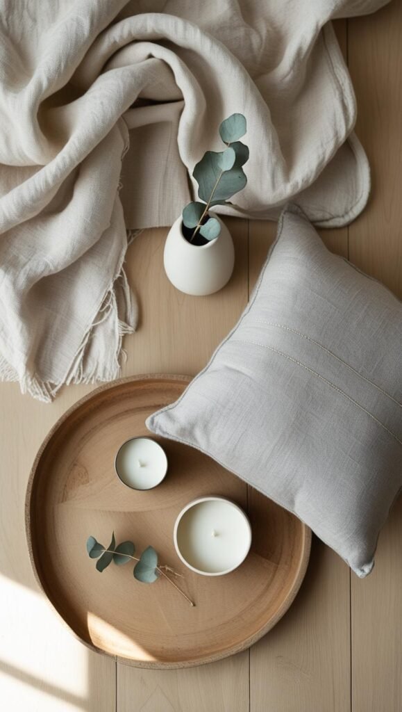 flat lay of scandinavian inspired decor items a folded linen blanket