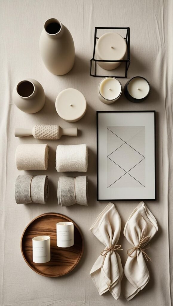 flat lay of scandinavian style home accessories arranged neatly on a pale linen background
