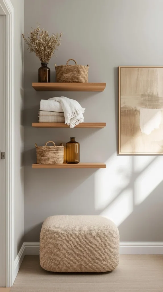 floating oak shelves styled with neatly folded throw blankets, linen bins, and amber glass jars