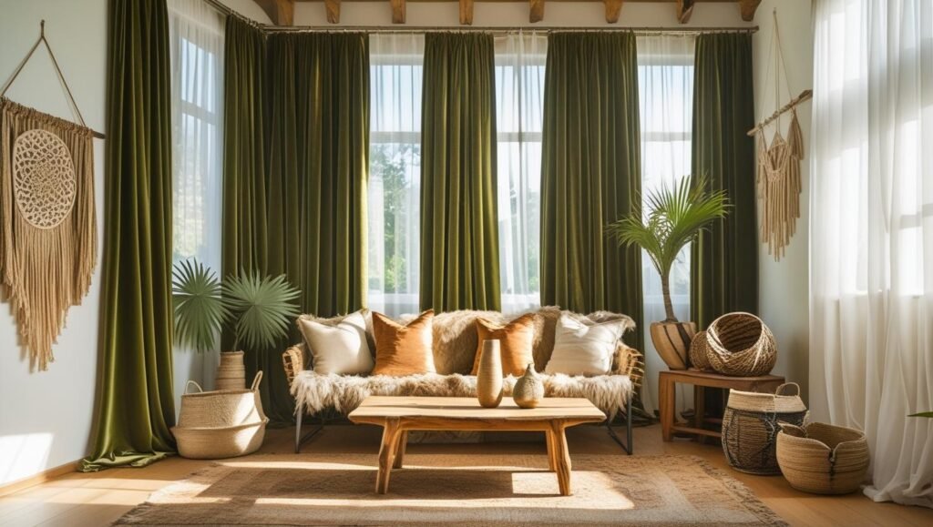 floor length velvet curtains in olive hanging in a bright boho room with natural textures