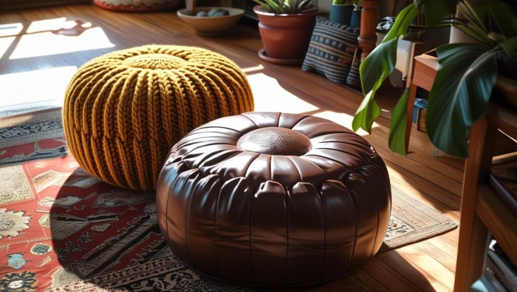 floor view of a mustard knit pouf and leather pouf in a decorated living room setting.