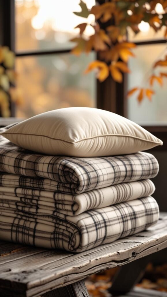 folded flannel blankets in neutral plaid patterns stacked on a rustic wooden bench with a cozy fall throw pillow