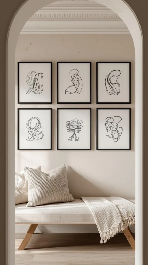 gallery wall of five black wood frames with abstract black ink drawings.