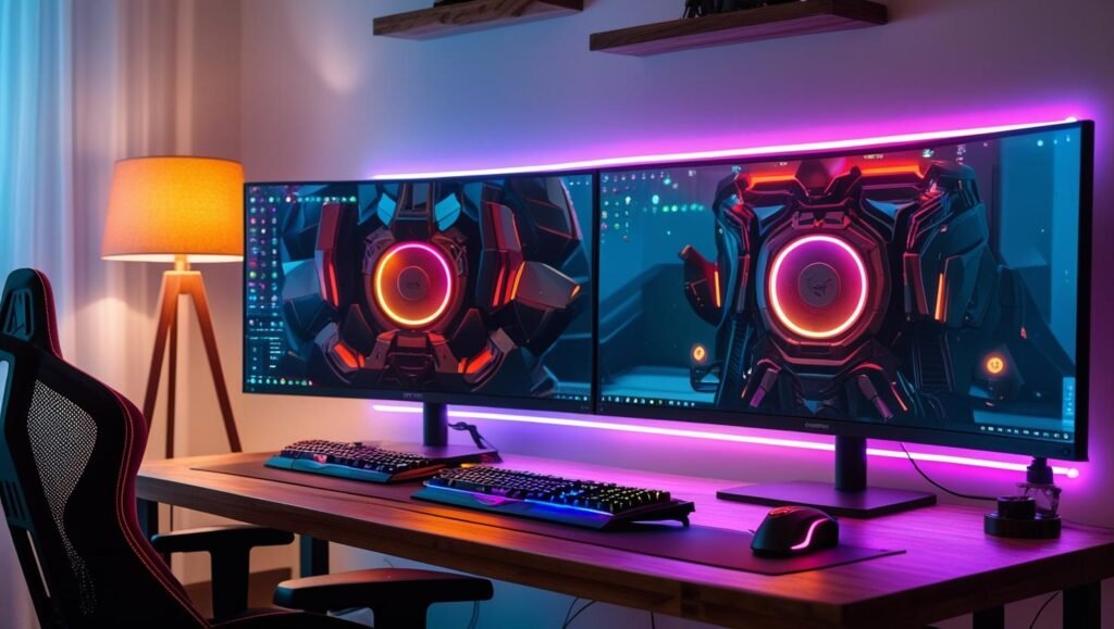 gaming room with led strip lights behind monitors, warm table lamps, and a floor lamp in the corner, cozy and inviting atmosphere, modern decor