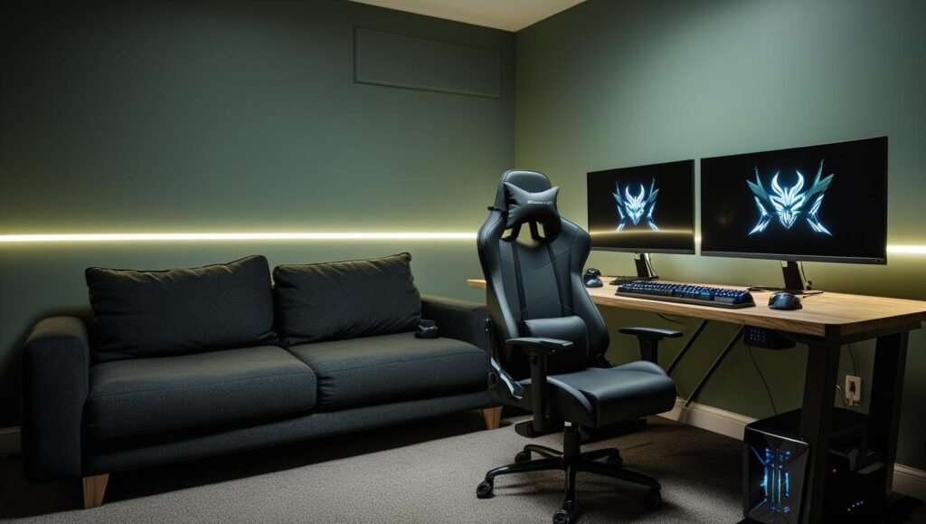 gaming room with led strip lights behind monitors with an adjustable desk, gaming chair in cozy and inviting atmosphere, modern decor. muted sage green walls, black sofa, calm and relaxing vibe