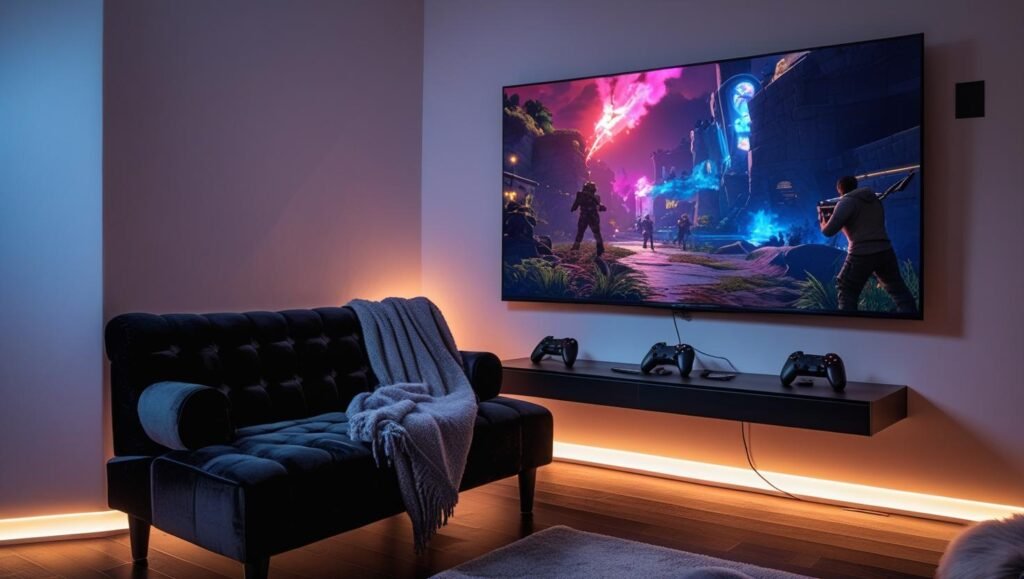 gaming room with a small black sofa with throw blanket, and a wall mounted tv for console gaming