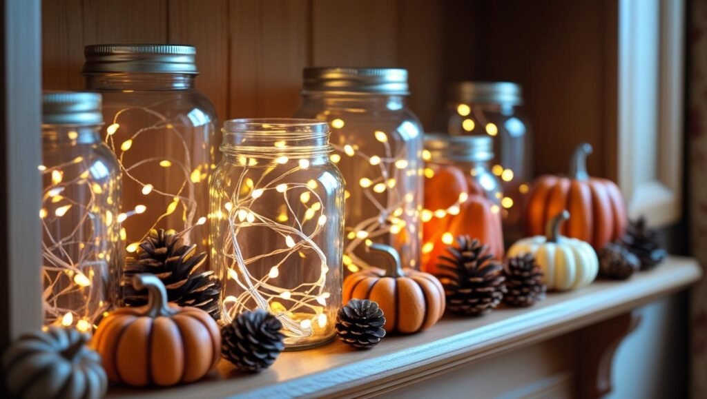 glass jars filled with fairy lights on a bedroom shelf, softly glowing, surrounded by fall décor like pinecones and mini pumpkins