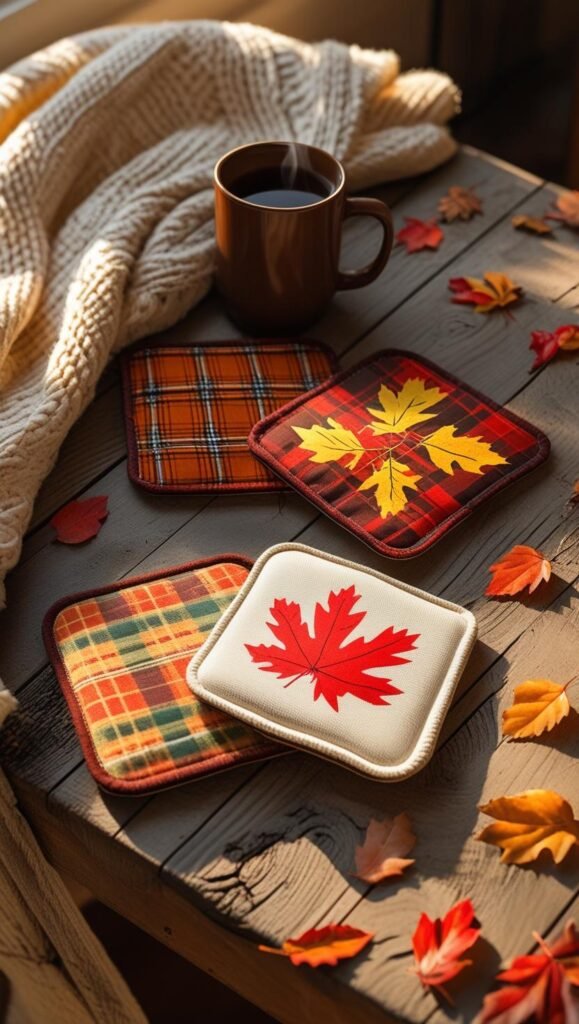 handmade fabric coasters in plaid and autumn leaf patterns, stacked neatly on a wooden table next to a mug of coffee