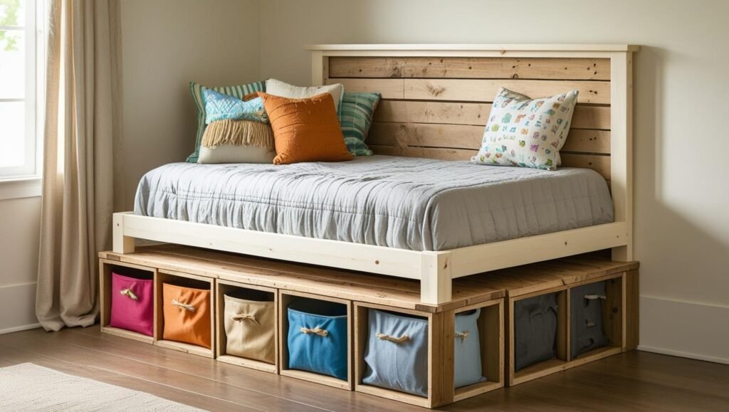 handmade twin platform bed raised on wood storage crates or cube shelving. add mix and match fabric bins for storage. room should feel crafty, warm, and budget friendly.