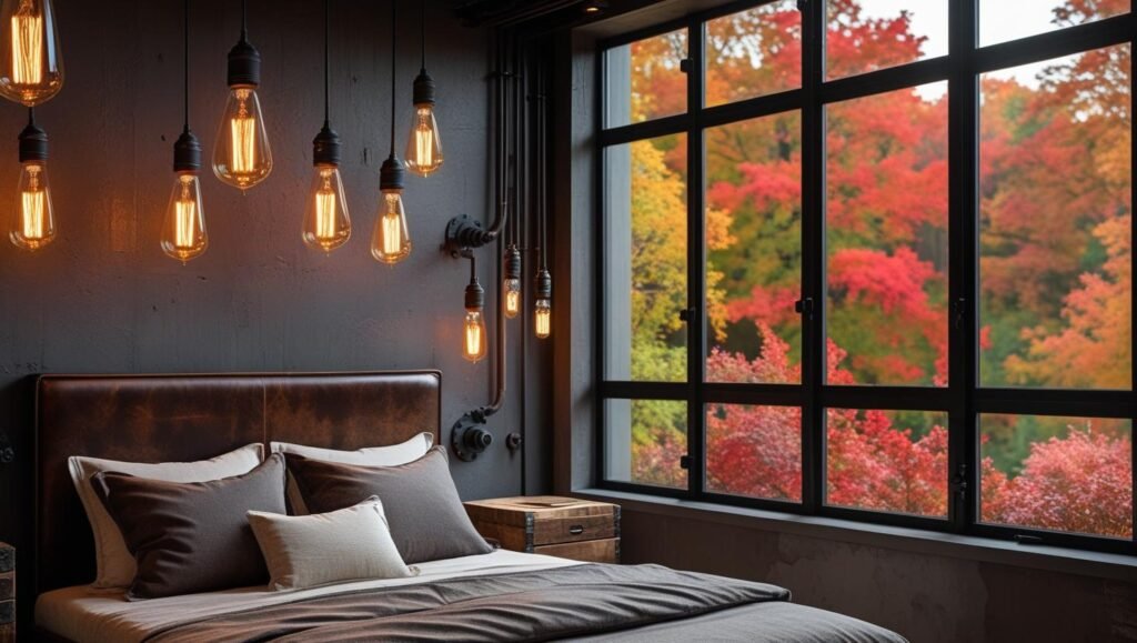 industrial chic bedroom with exposed filament edison bulbs, black metal fixtures, rustic wooden furniture, warm amber lighting, fall foliage outside the window