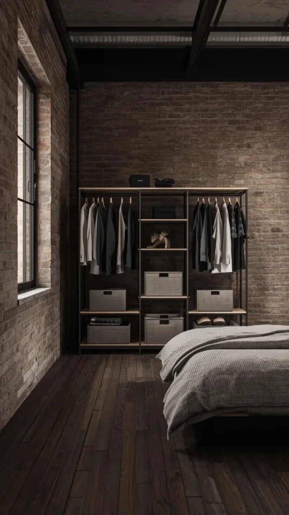 industrial loft bedroom with exposed brick walls, concrete accents, and black metal ceiling pipes.