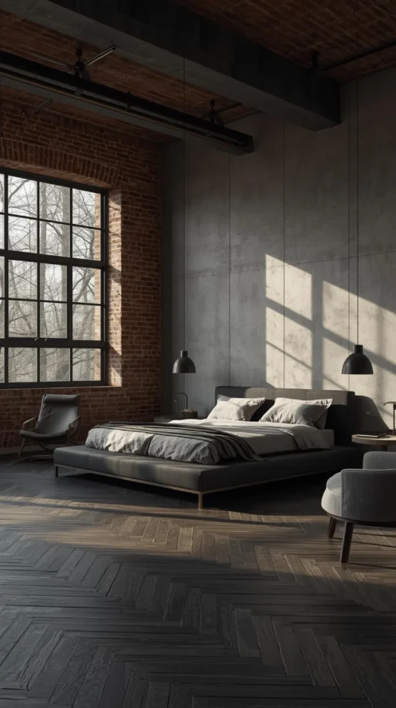 industrial style loft bedroom with exposed brick walls, concrete accent wall.