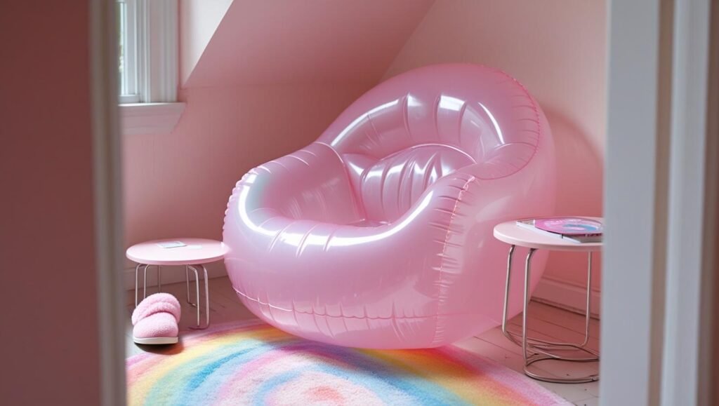 inflatable clear pink chair set in a pastel bedroom corner with iridescent rug, bubble side table, and fluffy slippers. whimsical and youthful y2k vibe, bright and cheerful tone.