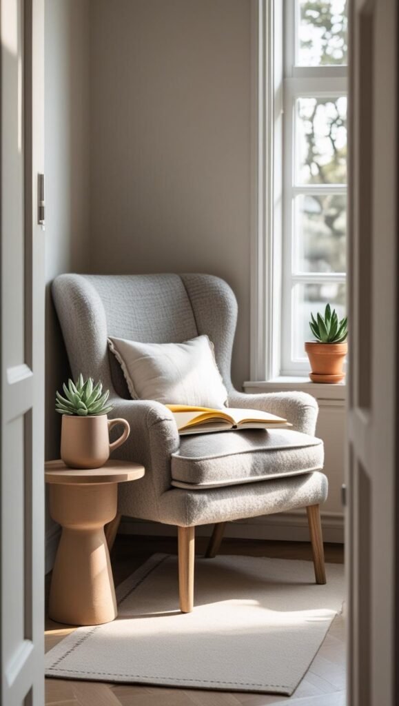 inviting corner of a scandinavian room with a comfy chair, small round table, and notebook