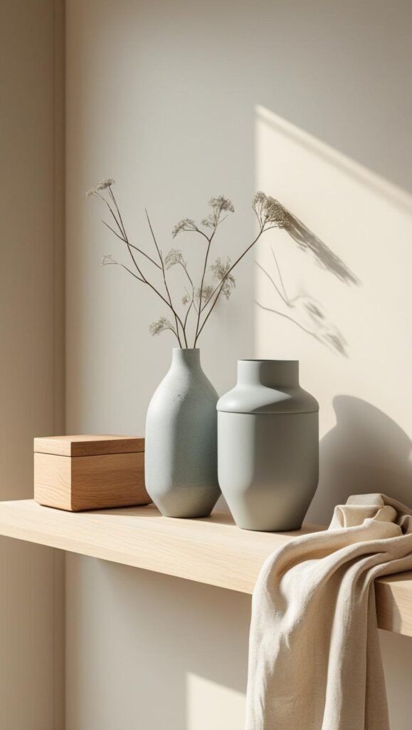 japandi style shelf vignette featuring a curated group of three decor items