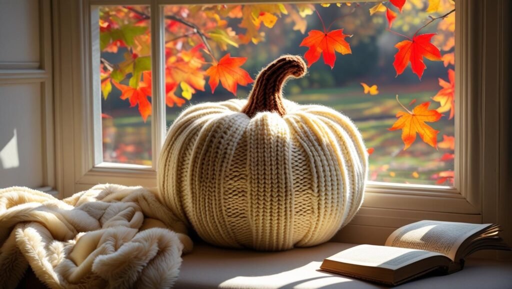 knitted pumpkin pillow in cream on a window seat with fall leaves outside, soft throw and open book beside it