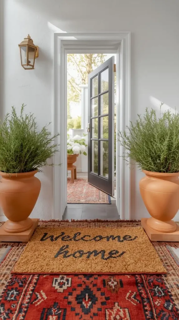 layered doormats one with a “welcome home” message and another patterned kilim rug beneath.