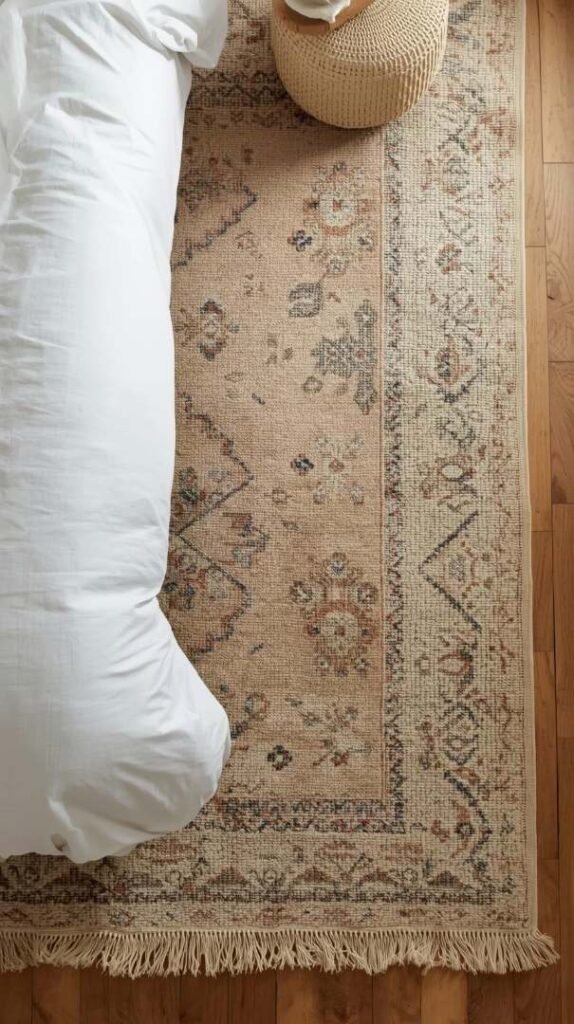 loft bedroom floor with two layered rugs—jute base rug and smaller patterned vintage rug on top.