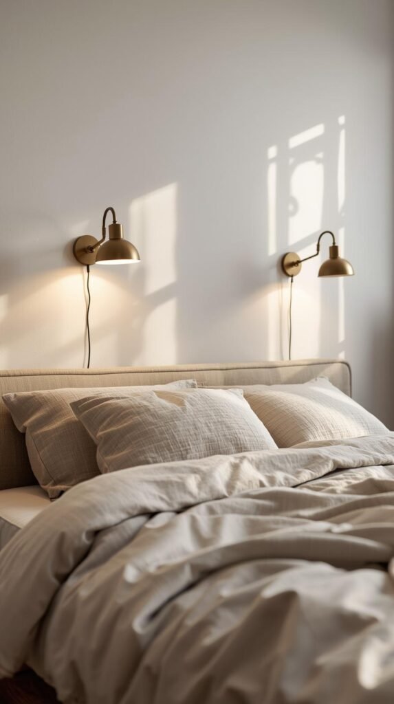 loft bedroom scene with brass swing arm wall sconces above the bed on either side.