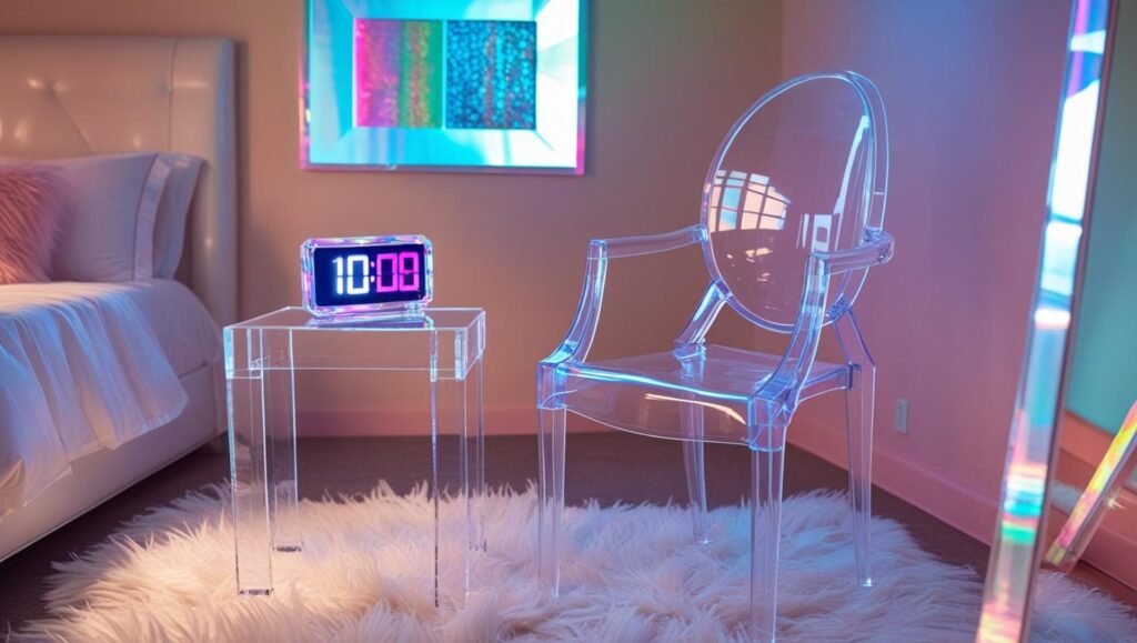 lucite side table and ghost chair in a y2k themed bedroom, set against a white shag rug and pastel wall. decor includes holographic clock and iridescent photo frame. minimalist but glam aesthetic.