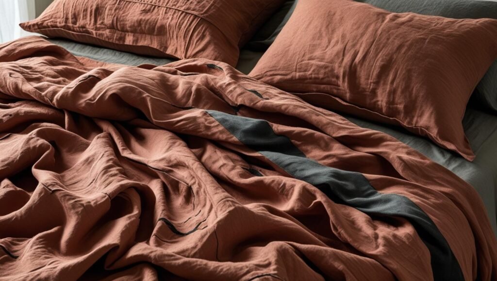 made bed with rumpled linen sheets in terracotta or charcoal with layered textures