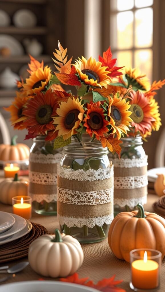 mason jars wrapped in burlap and lace, filled with faux sunflowers and fall leaves, arranged as a centerpiece