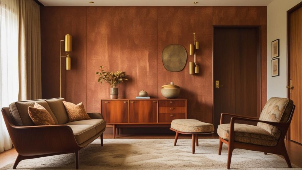 mid century room with rust wallpaper accent wall; brass accents