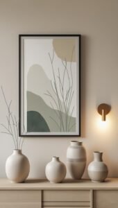 minimalist japandi wall with black framed printable art featuring abstract nature lines
