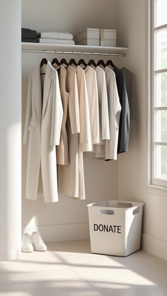 minimalist closet with a donation basket labeled donate beside a clean hanging area