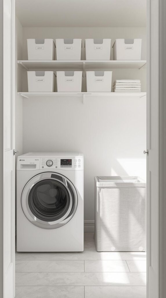 minimalist laundry space with a foldable fabric hamper beside washer and dryer.