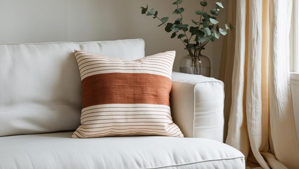 minimalist sofa setup with a rust and cream striped pillow, eucalyptus stems in a vase, soft linen curtains