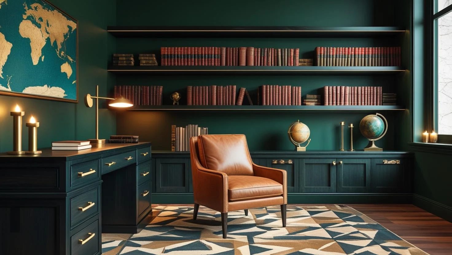 modern dark academia inspired home office with deep green accent wall, sleek dark stained wooden writing desk