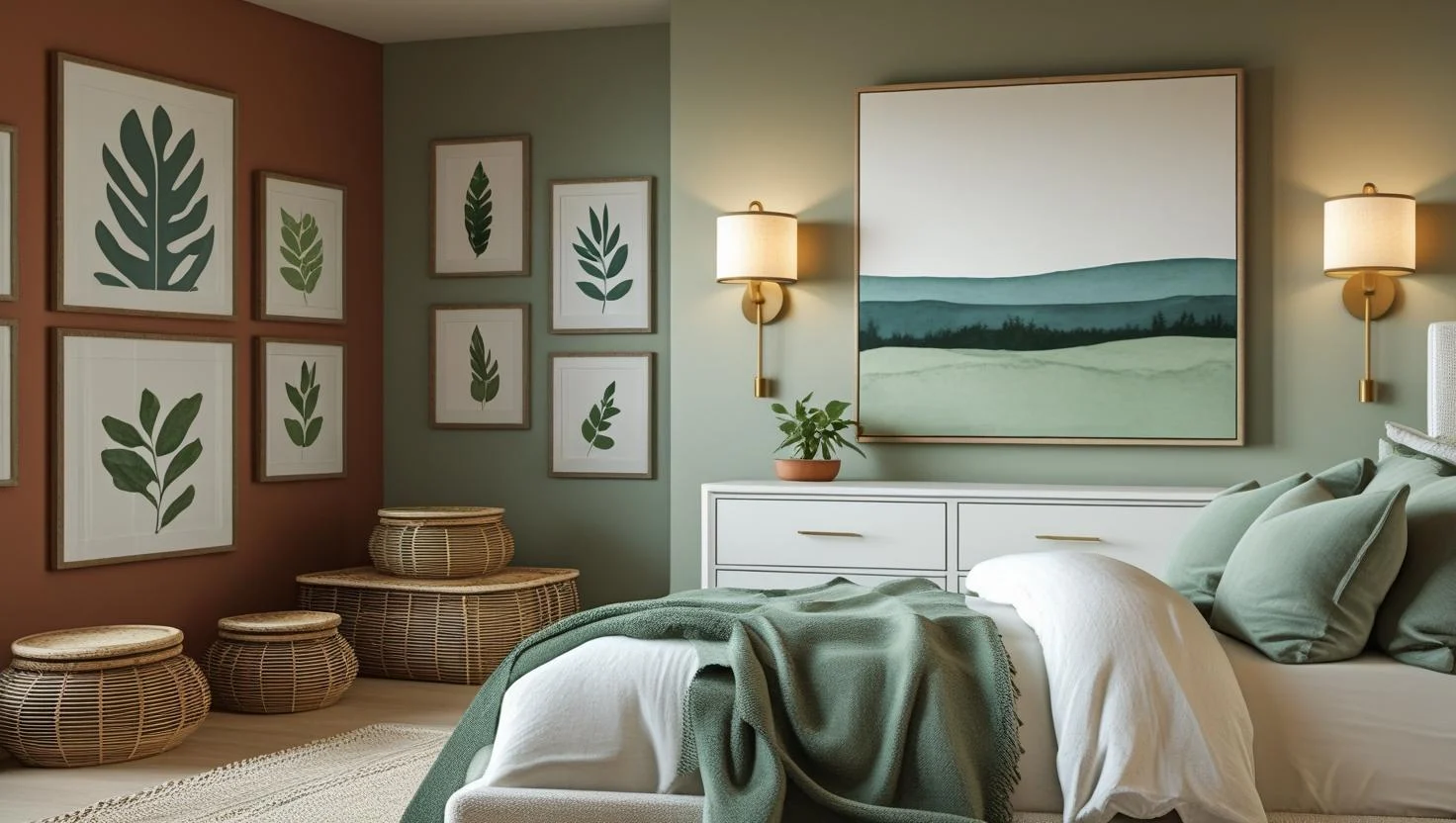 modern bedroom of aesthetic wall decor including a large canvas gallery wall sconces and rattan baskets. cozy lightinf neutral tones w pops of terracotta and sage green.
