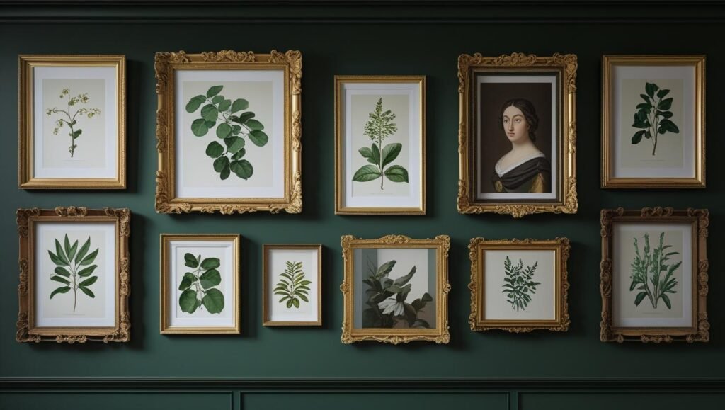 modern dark academia gallery wall with ornate gold and wooden frames, botanical prints, and classical portrait art, deep green background, soft moody lighting, realistic photography