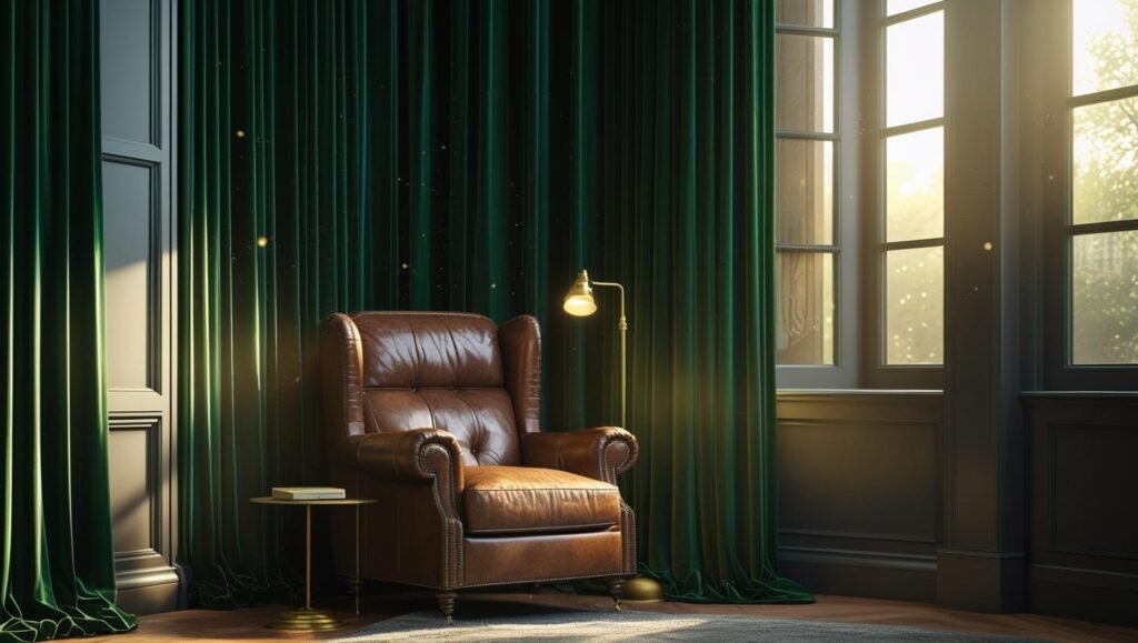 modern dark academia reading corner with floor length deep green velvet curtains, leather armchair, side table with brass lamp, soft warm sunlight filtering through, realistic photography