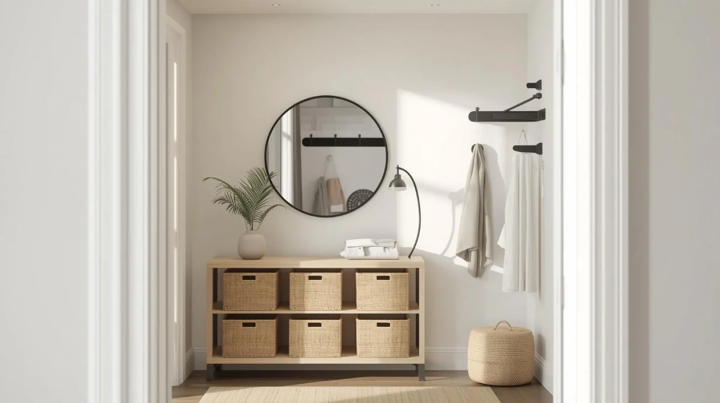 modern entryway styled for organization and first impressions.