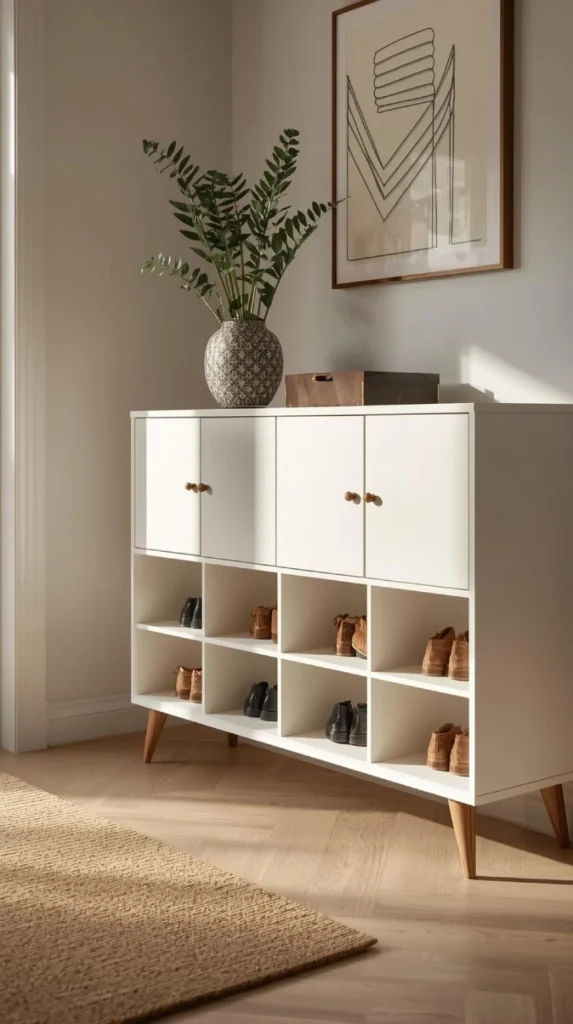 modern entryway with a matte white shoe cabinet featuring wood toned legs and leather pull handles.