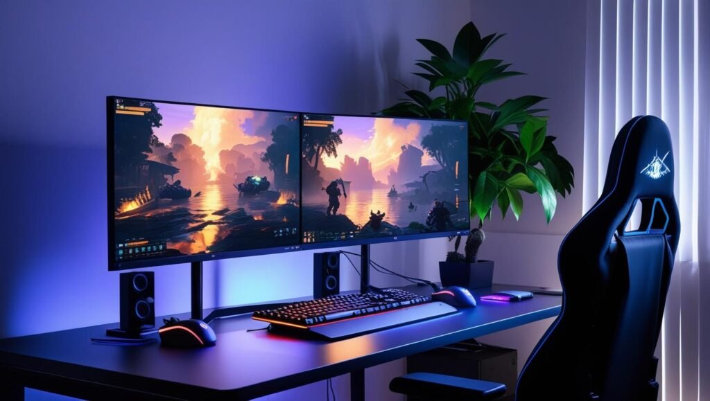 modern gaming room with dual monitor setup and a plant in the corner