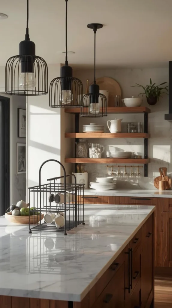 modern industrial kitchen with three black caged light fixtures above a marble island.