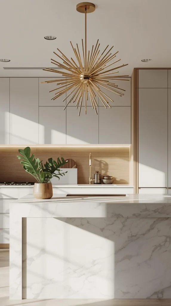modern kitchen with a dramatic sculptural light fixture above the island think starburst