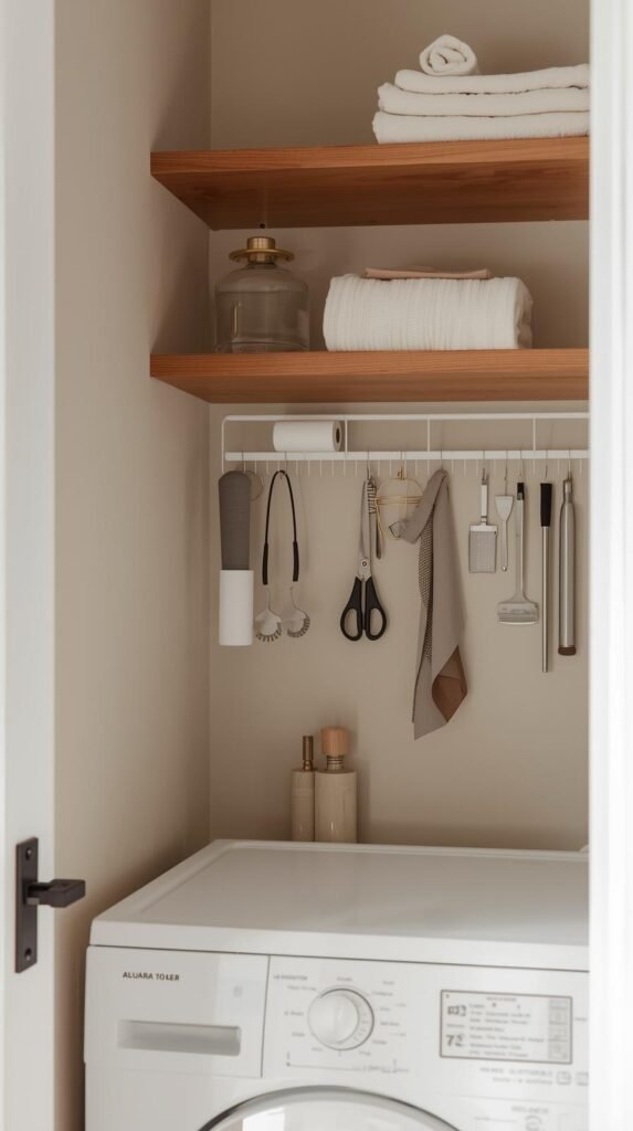 modern laundry nook with a magnetic strip on the wall holding scissors, lint rollers, and small tools.