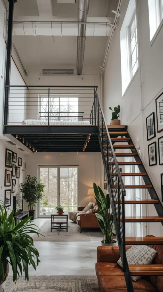 modern loft apartment interior with open mezzanine bedroom above and living space below.