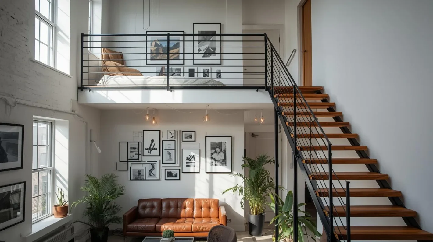 modern loft apartment interior with open mezzanine bedroom