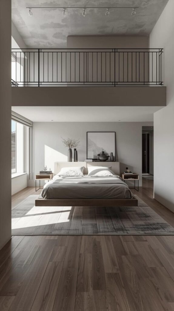 modern loft bedroom with a queen size bed floating in the middle of the room.