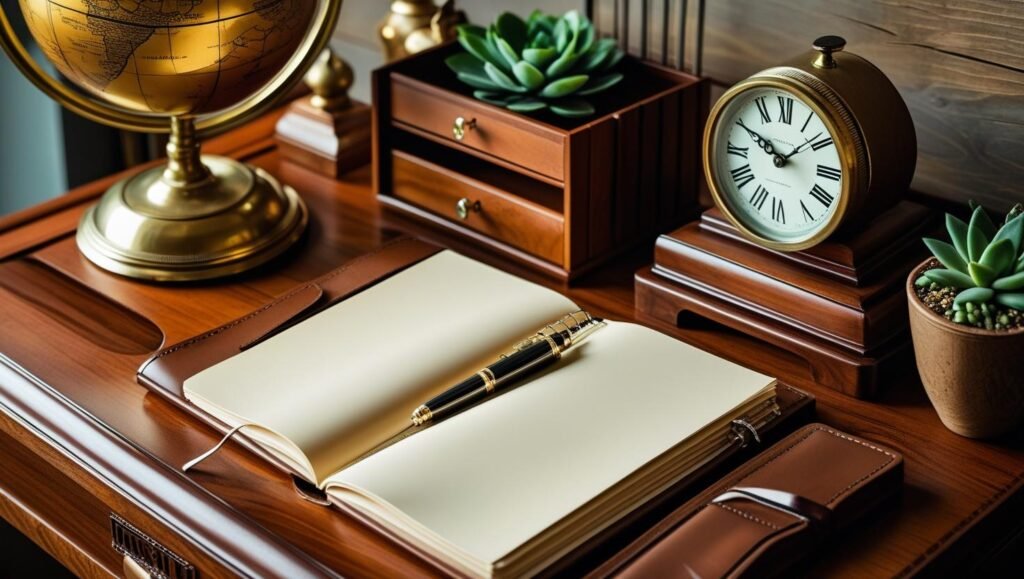 modern vintage wooden desk styled with brass globe, antique clock, wood organizer, open leather bound notebook, fountain pen, small potted plant, warm moody lighting, realistic photography