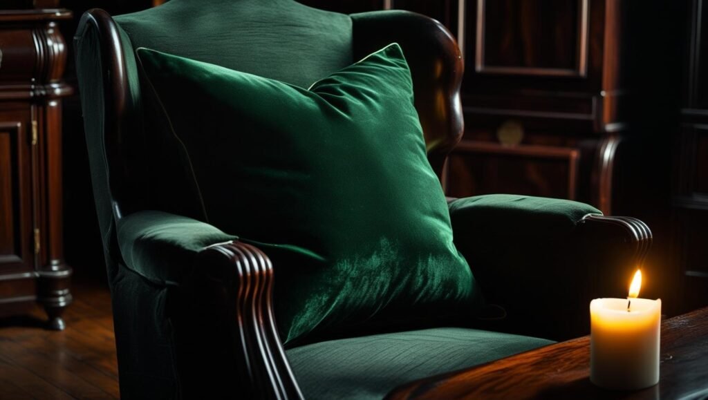 moody room with dark forest green velvet pillow, dark wood furniture, flickering candle in foreground
