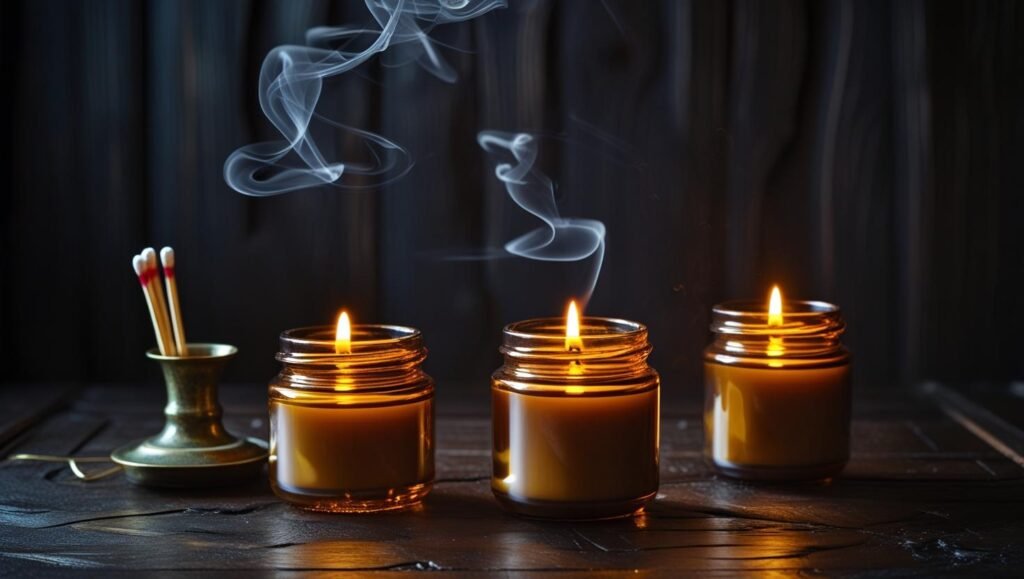 moody tabletop scene with soy candles in amber jars, incense smoke curling in the air, brass match holder, dark wood background, soft warm lighting, realistic photography