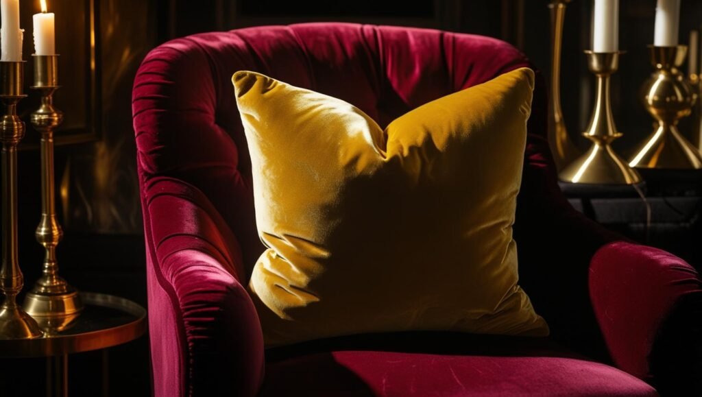 mustard velvet pillow on a velvet armchair, moody lighting, surrounded by brass decor and candles