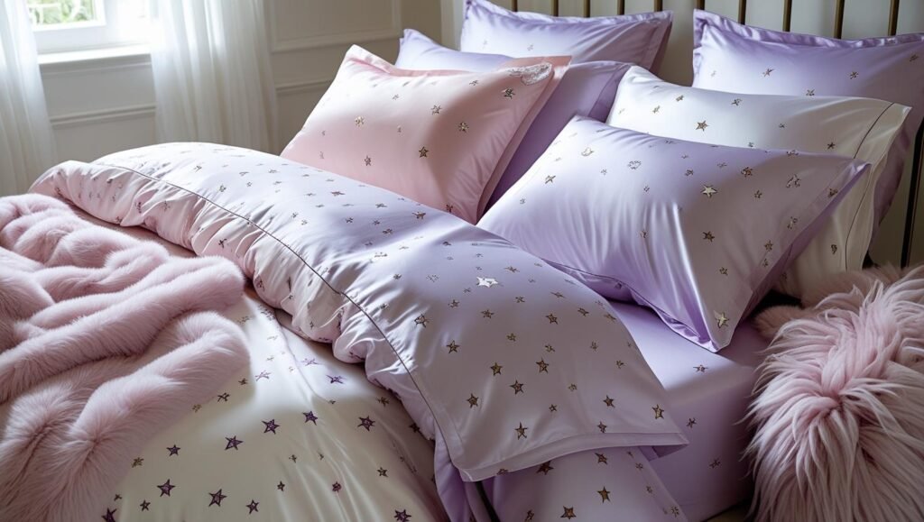 neatly made bed with a mix of baby pink, lavender, and white bedding, star print sheets, satin pillowcases, and faux fur throws. soft natural light and dreamy girly atmosphere.